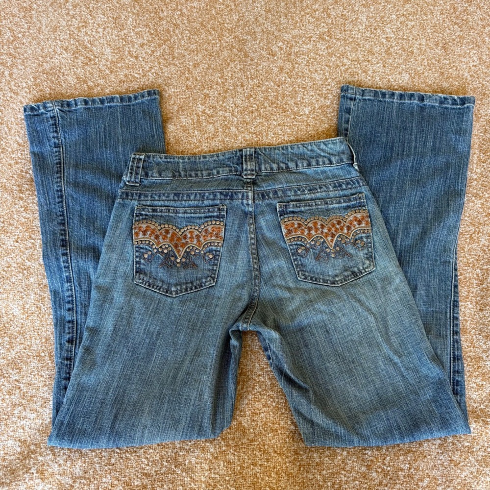 Lee One True Fit Jean Womens 7/8M Blue Bootcut Denim Embroidered Pockets Y2K Vtg